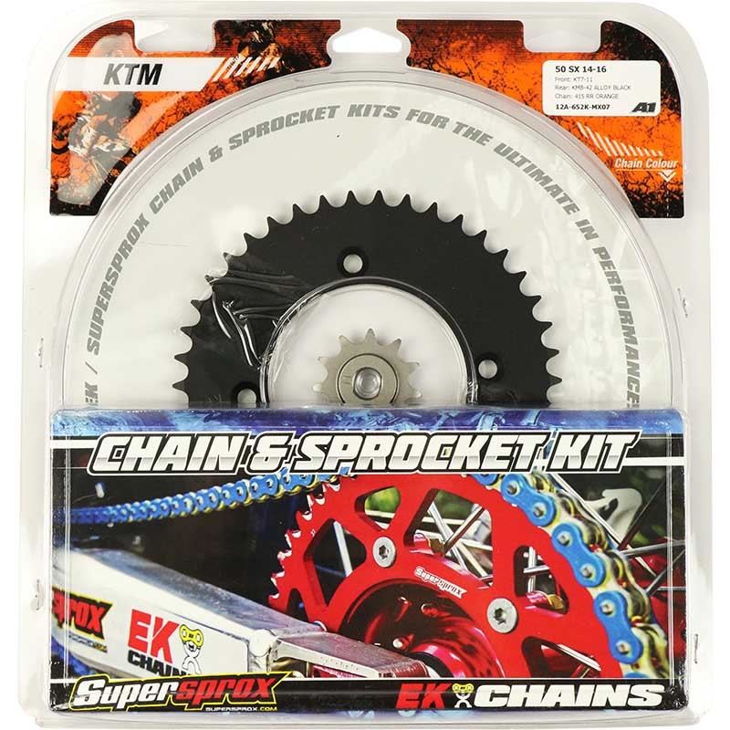Supersprox KTM 50 SX 14-25 EK Chain and Black Alloy Sprocket Kit