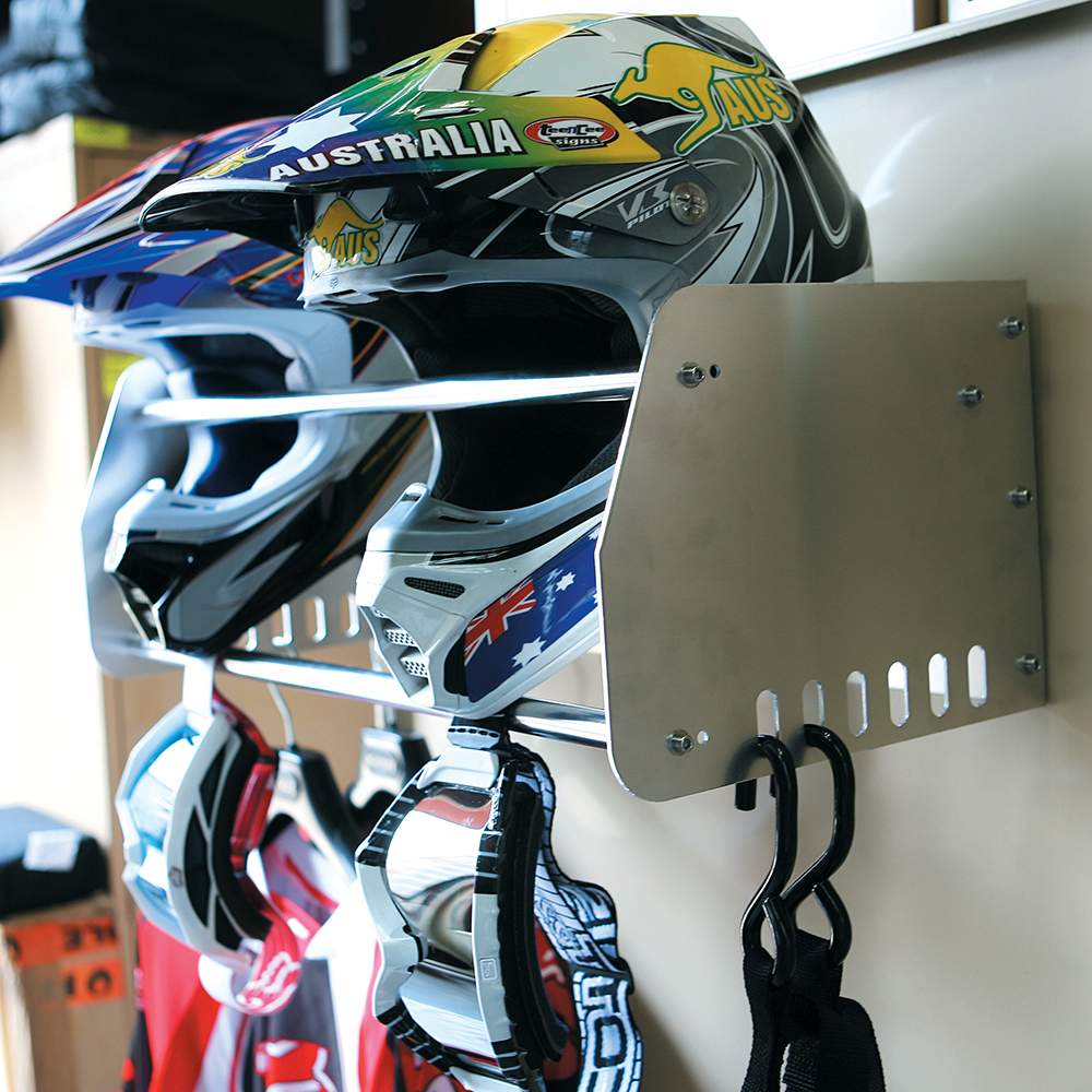 dirt bike helmet holder Wall Mount Motorcycle Rack with Gloves Tray, Chin Strap Fixing Hook INCLUDES (1) L Full-Face Helmet Hanger - CARRVE