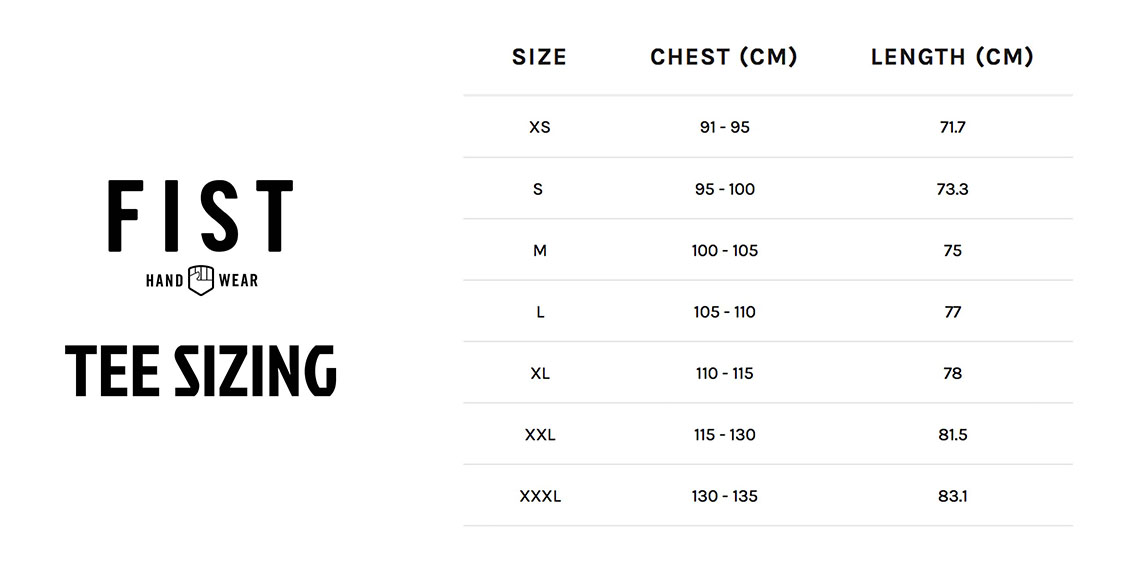 Fist Handwear Tee Shirts Size Guide